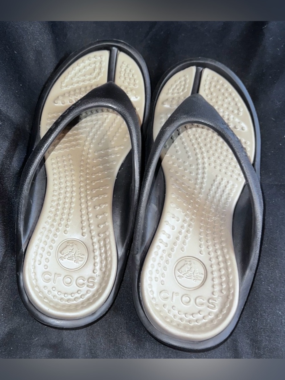 #S-1107 CROCS Women's Black and Cream Thong Sandals